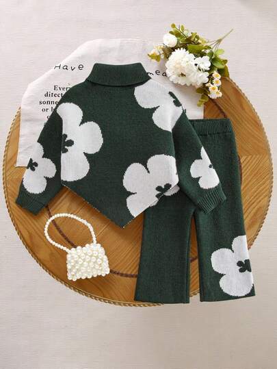 SHEIN 2pcs Baby Girls Casual Cute Yellow Floral Pattern Knitted Turtleneck Sweater + Wide Leg Knit Pants Set, Soft & Comfortable Suitable For Daily, Outing, Travel, Vacation, Home, Daycare, And Baby Girl Play