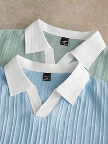 EASEVO Plus Size Men's Summer Casual Contrast Collar T-Shirt Set - Multicolor - View 2