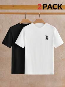 Manfinity NXTstreet 2 piezas empaquetadas Camiseta de manga corta con estampado de conejo de punto casual para hombres - Blanco y Negro - Ver 1