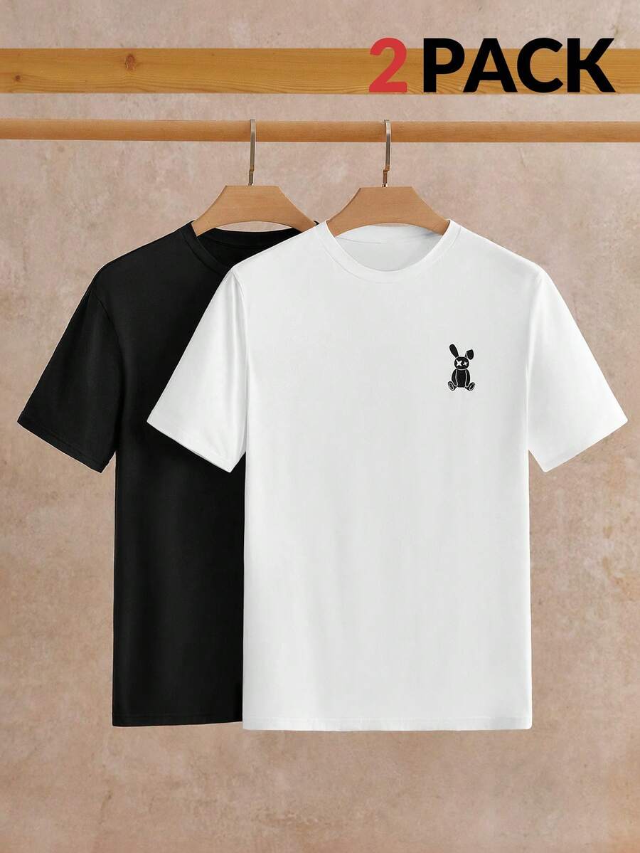 Manfinity NXTstreet 2 piezas empaquetadas Camiseta de manga corta con estampado de conejo de punto casual para hombres - Blanco y Negro - Ver 1