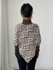 Elenzga Women's Elegant High Neck Geometric Textured Poncho Sweater, Colorblock, Suitable For Home & Travel, Spring/Autumn - Coffee Brown - View 2