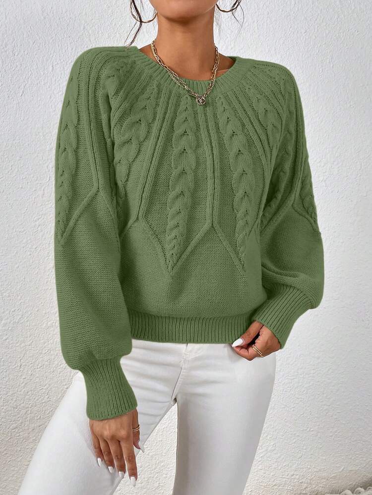 EMERY ROSE Jersey de manga farol de color liso, otoño/invierno - Verde - Añade 7