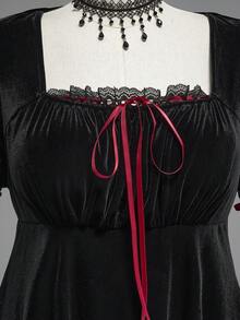 ROMWE Goth Spring/Summer PPlus Size Vintage Romantic Dark Sweet Flare Sleeve Velvet Waist Dress, Birthday Dress - Black - View 3