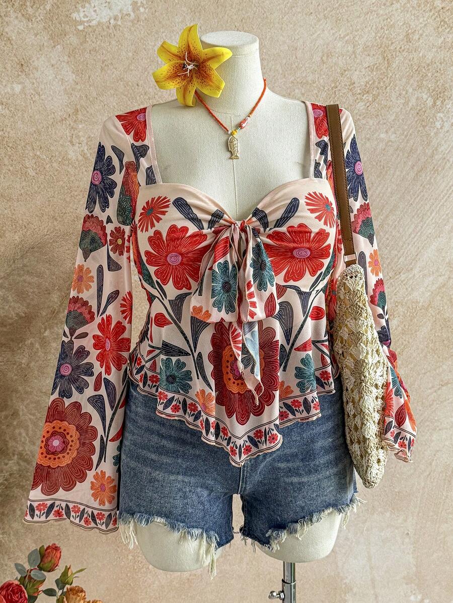 Soleia 大码女式休闲度假、毕业典礼、婚礼、复活节派对午餐上衣 - 宽松领口、胸前系带、喇叭袖修身衬衫 - 彩色 - 查看 1