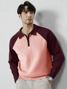 Claim Dot Áo len nam cổ polo tay raglan phối màu tương phản, khóa kéo, kiểu dáng thường ngày, thích hợp cho mùa thu/đông. Áo polo dệt kim nam, áo sơ mi nam phối màu. - Màu Đỏ Sâu - Xem 3