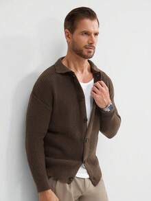 Claim Dot 男士纯色翻领纽扣开衫，落肩宽松厚实都市时尚休闲粗针开衫，送给丈夫、男友的礼物，秋冬季长袖上衣