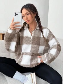 SHEIN EZwear Buffalo Plaid Print Half Zip Drop Shoulder Teddy Sweatshirt,Long Sleeve Tops In Fall/Winter