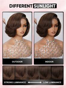 ALL READY WIG Wear Go 无胶鲍勃假发，100% 雷米真人发质，夏季短款鲍勃假发，预造型分层剪裁，4x4 预剪蕾丝，预拔发际线，预漂白，全效假发，180% 密度，4# 巧克力棕色头发，优雅别致的女老板造型