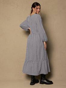 Freevana Váy kẻ caro nơ viền bèo nhún cỡ lớn, mùa thu - Đen và trắng - Xem 6