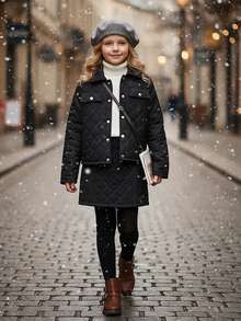 2pcs Girls' Black Solid Quilted Long Sleeve Cardigan And Skirt Set