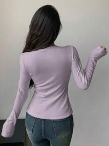 DAZY Women Solid Color Boat Neck Thermal Lined Long Sleeve T-Shirt, Winter - Purple - View 5