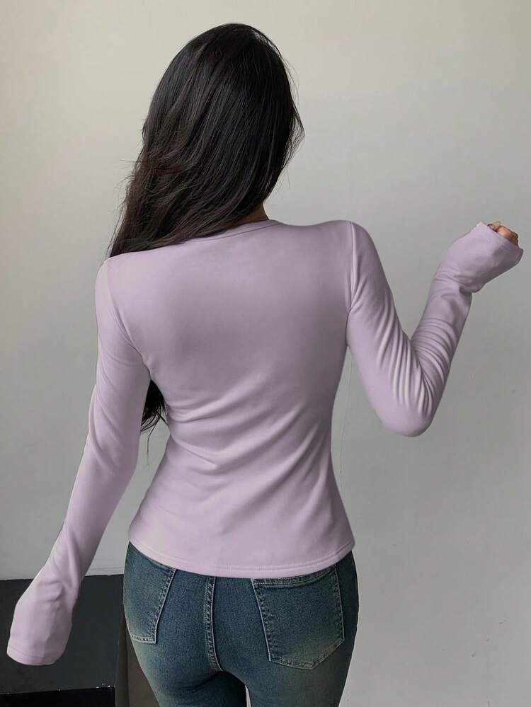 Women Solid Color Boat Neck Thermal Lined Long Sleeve T-Shirt, Winter