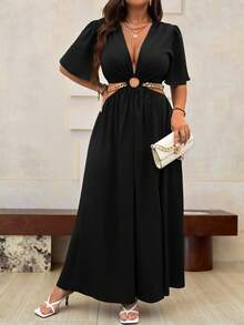 Roveilla Plus Deep V Neck Cut Out Waist Split Thigh Dress Maxi Women Outfit - Black - View 5
