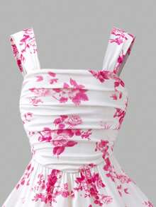 Sweetra Váy midi xếp ly họa tiết sứ trắng xanh nhạt ngọt ngào - Hồng - Xem 4