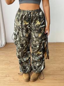 SHEIN EZwear 枝形印花休闲大码女式工装阔腿裤 - 彩色 - 查看 3