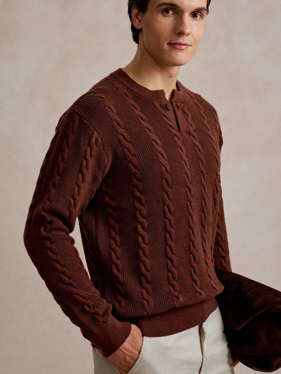 Manfinity Homme Men's Maroon Half-Button Crew Neck Knit Sweater,Autumn Smart Casual Dress Style,Collegiate Cable Knit Wear For Work Commute,Home Life & Casual Travel - Brown - View 1