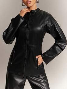Hauture Women's Solid Color Minimalist Everyday Zip-Up Jacket - Black - View 4