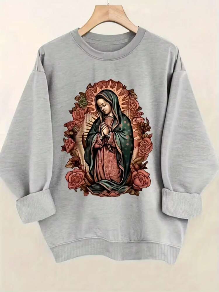 Mujer sudadera estilo casual Virgen de Guadalupe estampado poliéster color sólido ajuste holgado cuello redondo manga larga otoño invierno uso diario sudadera - Gris - Añade 1