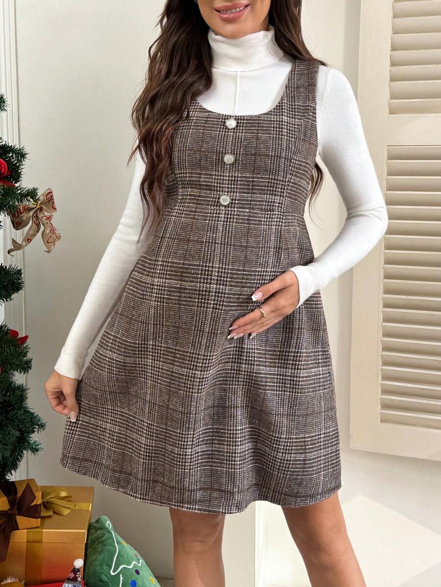 SHEIN 秋季孕妇休闲复古纽扣装饰连衣裙 - 彩色 - 查看 1