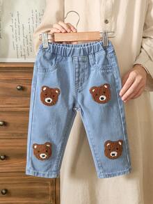 Vintaside Kids Baby Boy Casual Bear Patch Denim Jeans - Medium Wash - View 1