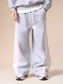 SUMWON Wide Leg Heathered Sweatpants With Ribbed Cuffs And Drawstring Waist For Comfortable Wear Vacation - Grey - View 4