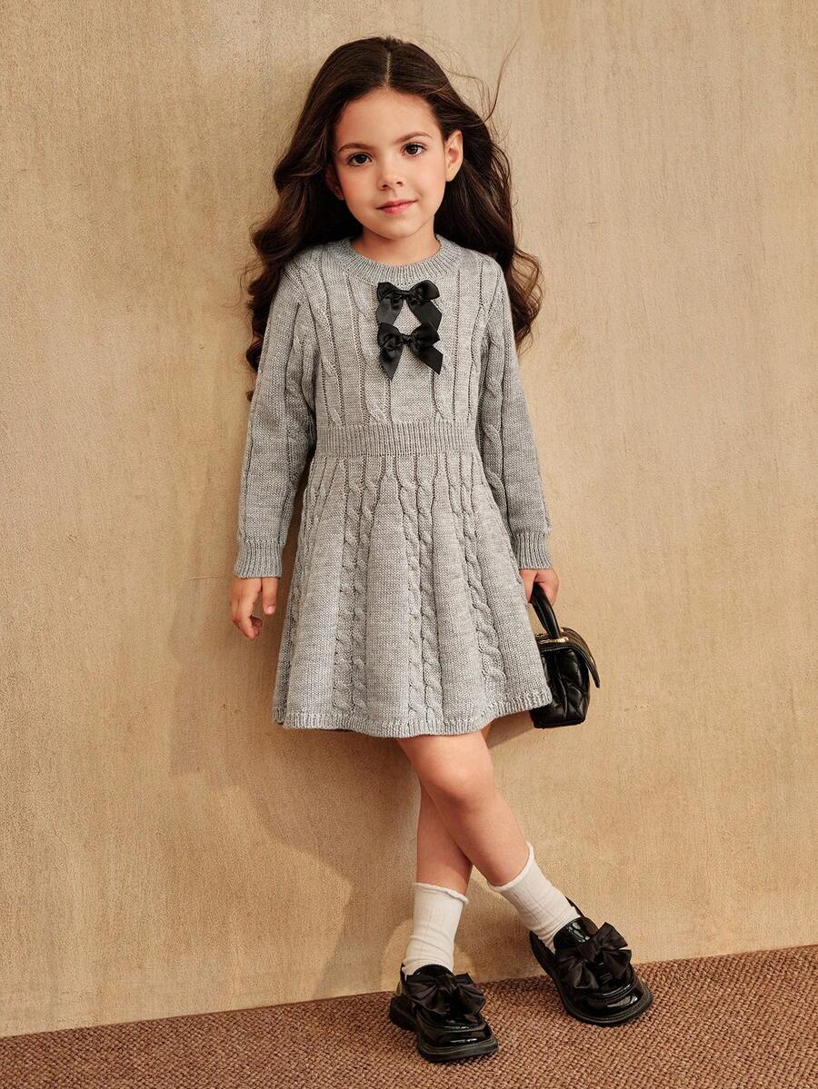 SHEIN 年轻女孩秋冬复古粗针织圆领 A 字腰蝴蝶结长袖毛衣连衣裙,适合户外休闲穿着 - 灰色 - 查看 1