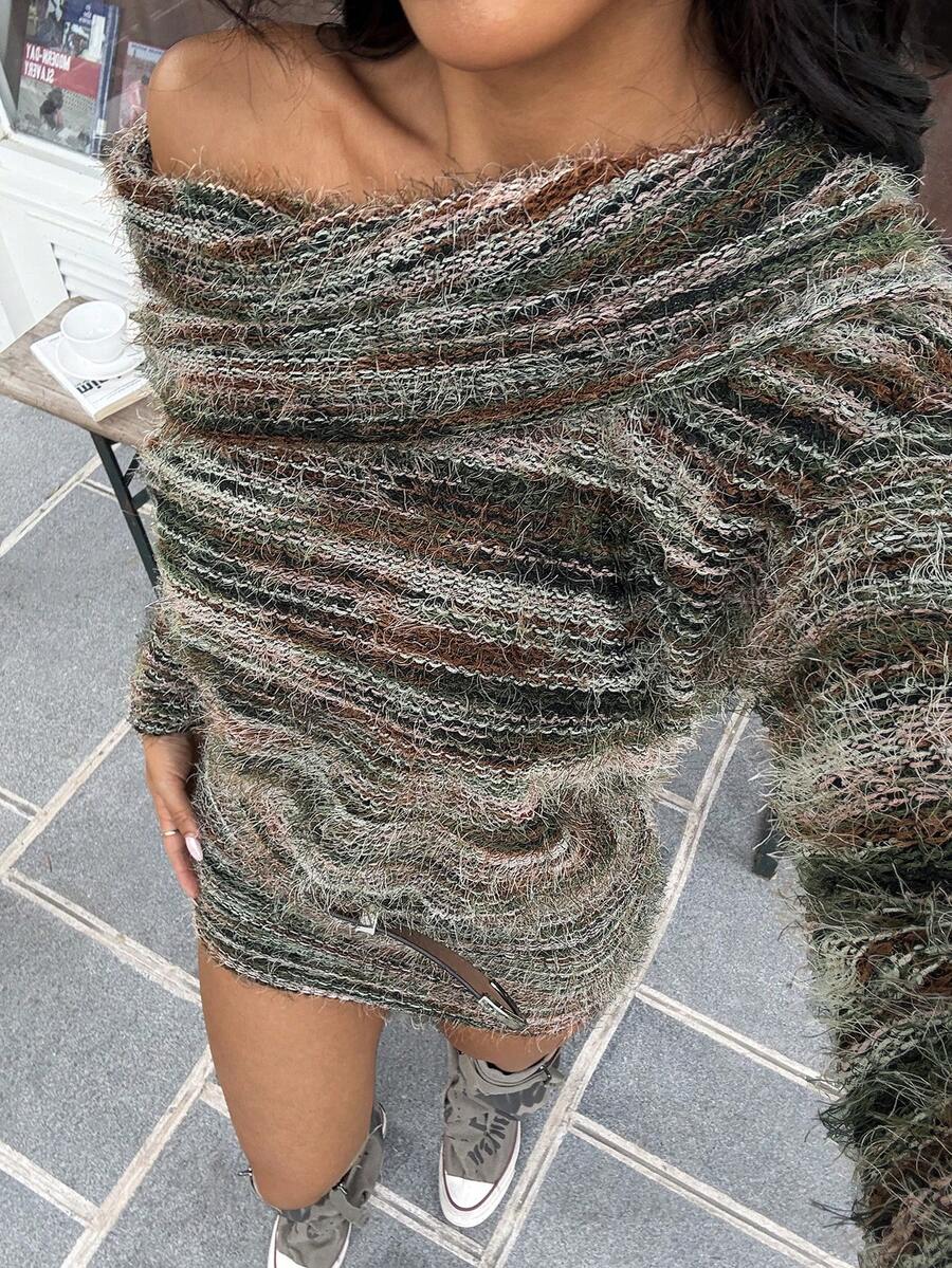 SHEIN EZwear Dankstag Winter Lässig Kleid Bunt gestreift Asymmetrische Schulter Langarm Modisches Mini-Kleid für Frauen - Armeegrün - Übersicht 1