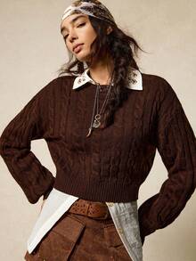 SoleilVie Solid Color Drop Shoulder Long Sleeve Casual Cable Knit Pullover Sweater - Bronze - View 6
