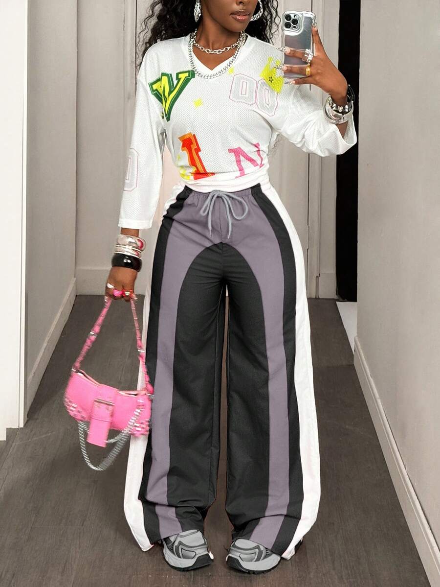 BamGleam Quần ống rộng cạp cao có dây rút màu tương phản thời trang dạo phố dành cho nữ - Đen và trắng - Xem 1