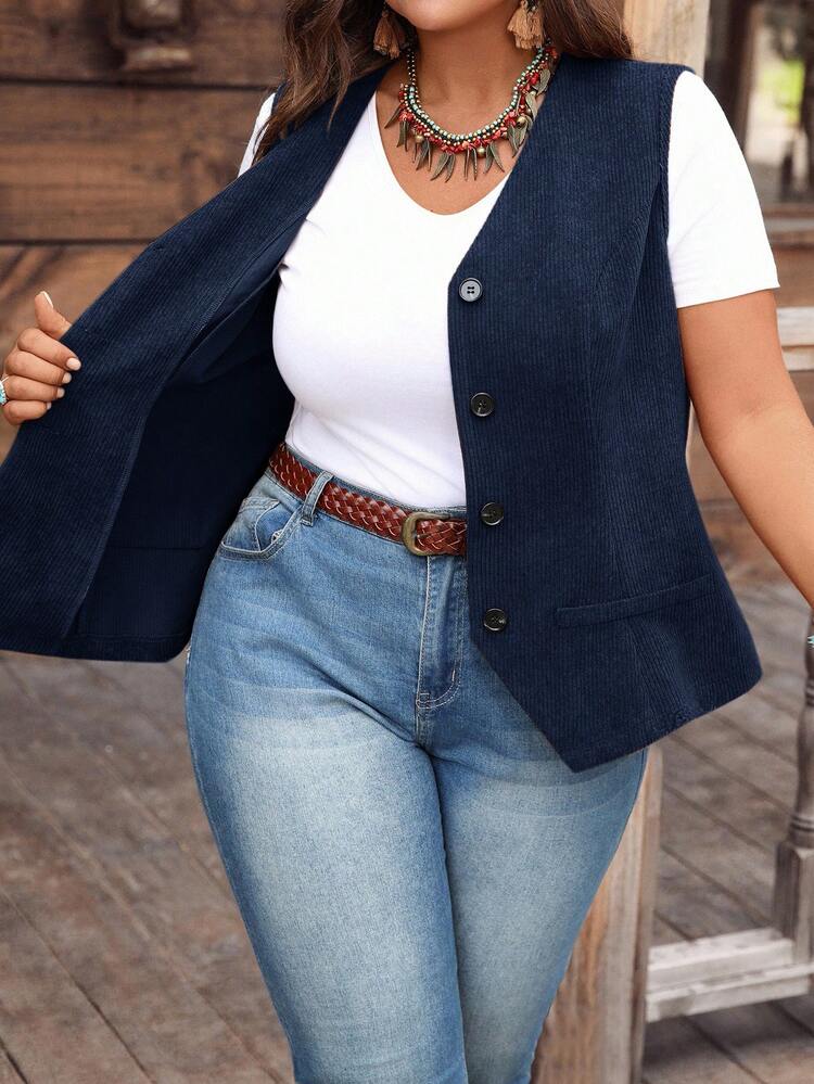 Plus Size Casual Solid Color Corduroy Vest Jacket/Winter