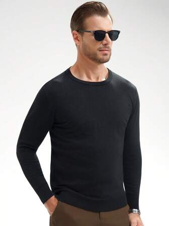 Jersey de cuello redondo de unicolor casual para hombres, versátil para otoño/invierno