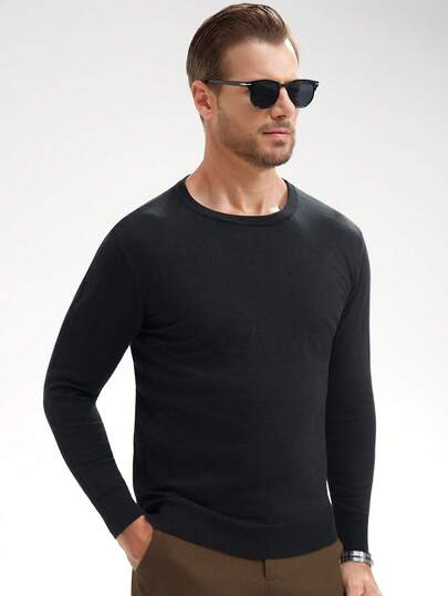 Maglione casual da uomo a girocollo, tinta unita, versatile per l'autunno/inverno