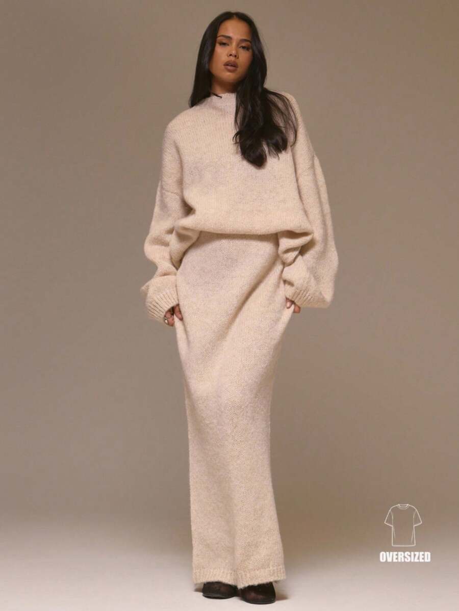 MUSERA Áo len oversized phối cùng chân váy maxi Gollum, phong cách cá tính, đường phố, dễ thương, mùa đông, xuân, hè. - Màu be - Xem 1