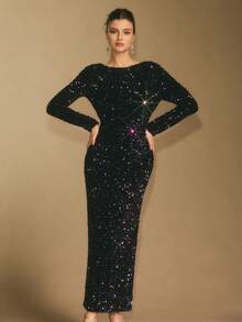 Poéselle Women's Elegant Black Sequin Dress Autumn Backless Bow Tie Slit Maxi Dress,Glamorous Sparkly Birthday Dining Party New Year Christmas Glitter Gown - Black - View 2