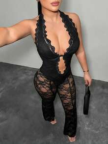 SHEIN SXY 黑色性感蕾丝透视连体衣 - 黑色 - 查看 1