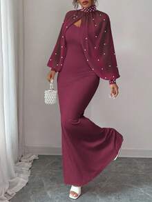 Elenzga New Elegant Mature Charm Evening Gown, Formal Dress, Dignified & Gentle, Dreamy Pink, Hand-Beaded Long Sleeve Top, Graceful Mermaid Hem Bodycon Slip Dress Set