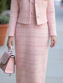 EMERY ROSE 2-Piece Set: Elegant Tweed Short Blazer Jacket + Sleeveless Fitted Bodycon Dress, Classy Suit Set, Spring/Autumn - Multicolor - View 4