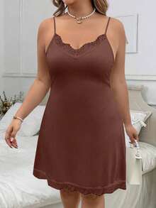 SHEIN Clasi 大码优雅纯色蕾丝边吊带连衣裙 - 棕色 - 查看 5