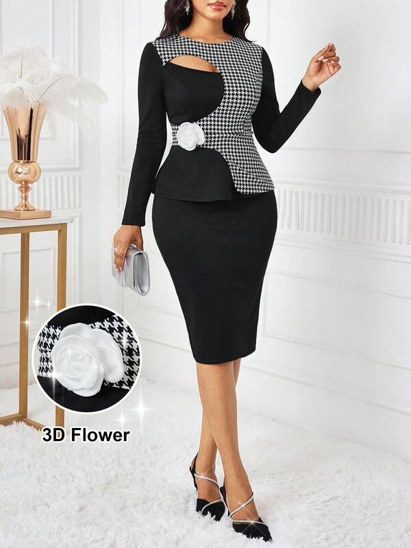 SHEIN Lady Women's Houndstooth Cutout Design Long Sleeve Top And Pencil Skirt Elegant Suit Set