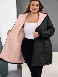 SHEIN CURVE+ Áo khoác dài tay có mũ trùm đầu màu đen và hồng tương phản hàng ngày dành cho nữ cỡ lớn, lót nhiệt dày, thoải mái, trang phục mùa đông cho nữ, áo khoác ngoài cổ điển - màu đen - Xem 11