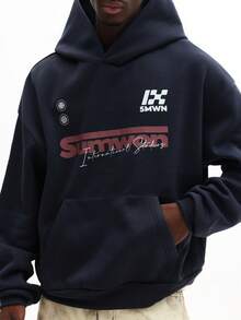 SUMWON Boxy Fit International Studios 格纹印花连帽衫，带抽绳帽和中央口袋，休闲穿着 - 黑色 - 查看 5