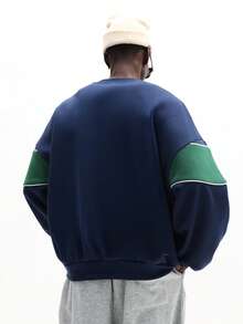 SUMWON Sweat-shirt-shirt color block pour hommes avec imprimé "New York Sunwon Society" sur la poitrine, manches longues, col ras-du-cou, pull décontracté - Bleu azur - Voir 4