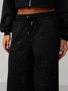 MISSGUIDED 闪亮阔腿慢跑运动裤，饰有亮片细节，女士休闲居家服，阔腿裤款式 - 黑色 - 查看 4