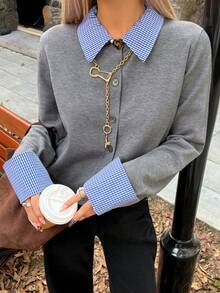 DAZY 女士休闲撞色翻领开衫，秋季款 - 灰色 - 查看 5