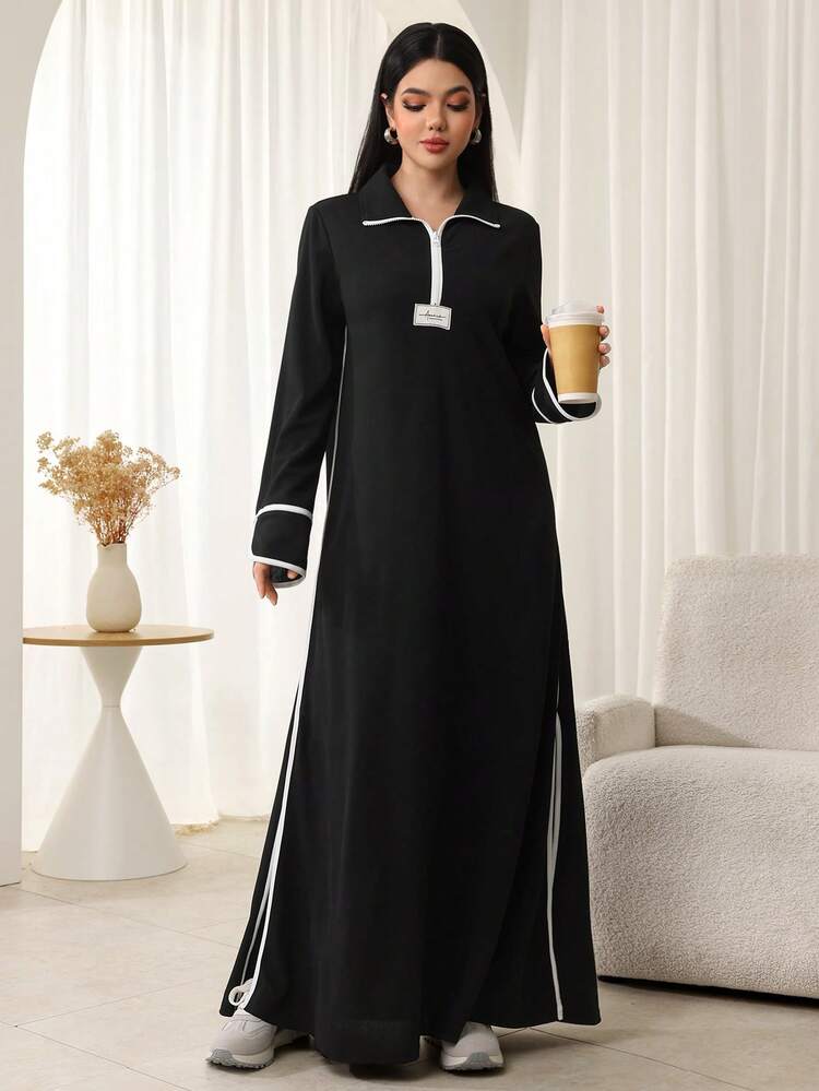 Al Najma 休闲翻领撞色下摆开衩中长连衣裙，秋冬款 - 黑色 - 查看 2