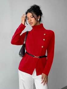 SHEIN Elenzya Elegancki sweter damski z wysokim kołnierzem i metalowymi guzikami, jednokolorowy, długi rękaw, czerwony sweter świąteczny, jesień/zima - Czerwony - Zobacz 5