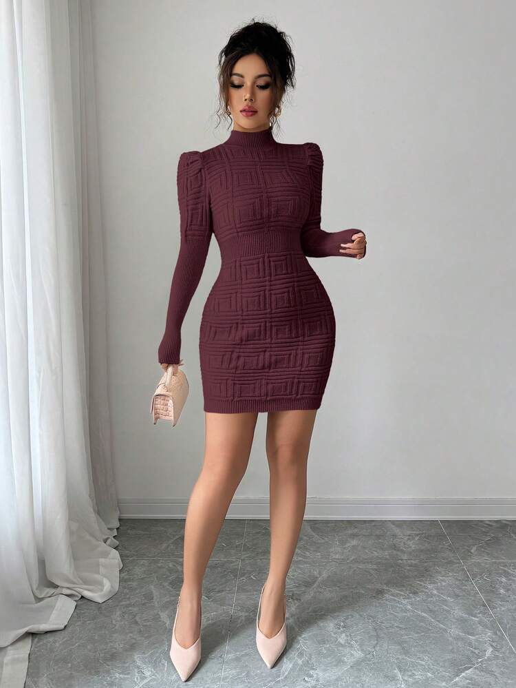 Elenzga فستان كنزة صوفية نسائي ذو رقبة عالية، أنيق وضيق الجسم، بنسيج مضلع عند الخصر - عنابي اللون - مشاهدة 3