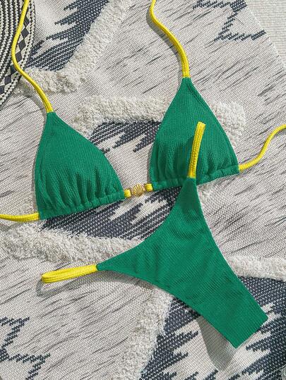 Swim Vcay 2 pièces Maillot de bain femme style décontracté vacances, Top triangle sexy avec coque métallique texturée et colorblocking, style nautique couleur unie