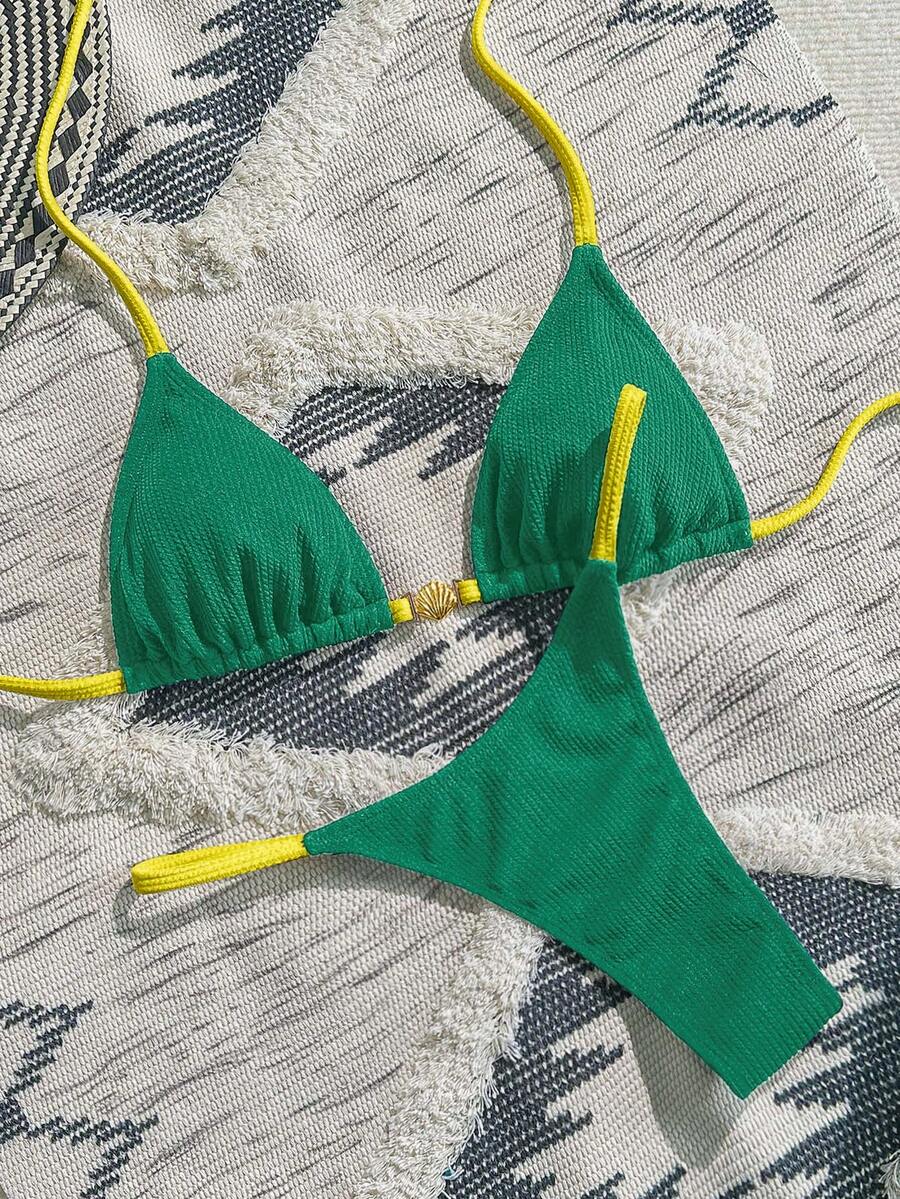 Swim Vcay Bộ đồ bơi bikini trơn màu phong cách hàng hải, họa tiết khối kim loại, họa tiết tam giác gợi cảm dành cho nữ đi biển - màu xanh lá - Xem 1