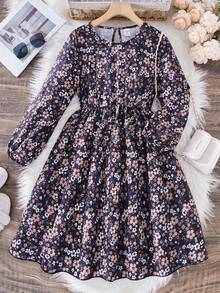 1 chiếc váy chui đầu cổ tròn tay dài in họa tiết hoa toàn thân cho bé gái, có bo chun ở cổ tay và eo, viền chữ A, thích hợp cho tiệc tùng, du lịch, bãi biển, mùa xuân/hè - Nhiều màu - Xem 3